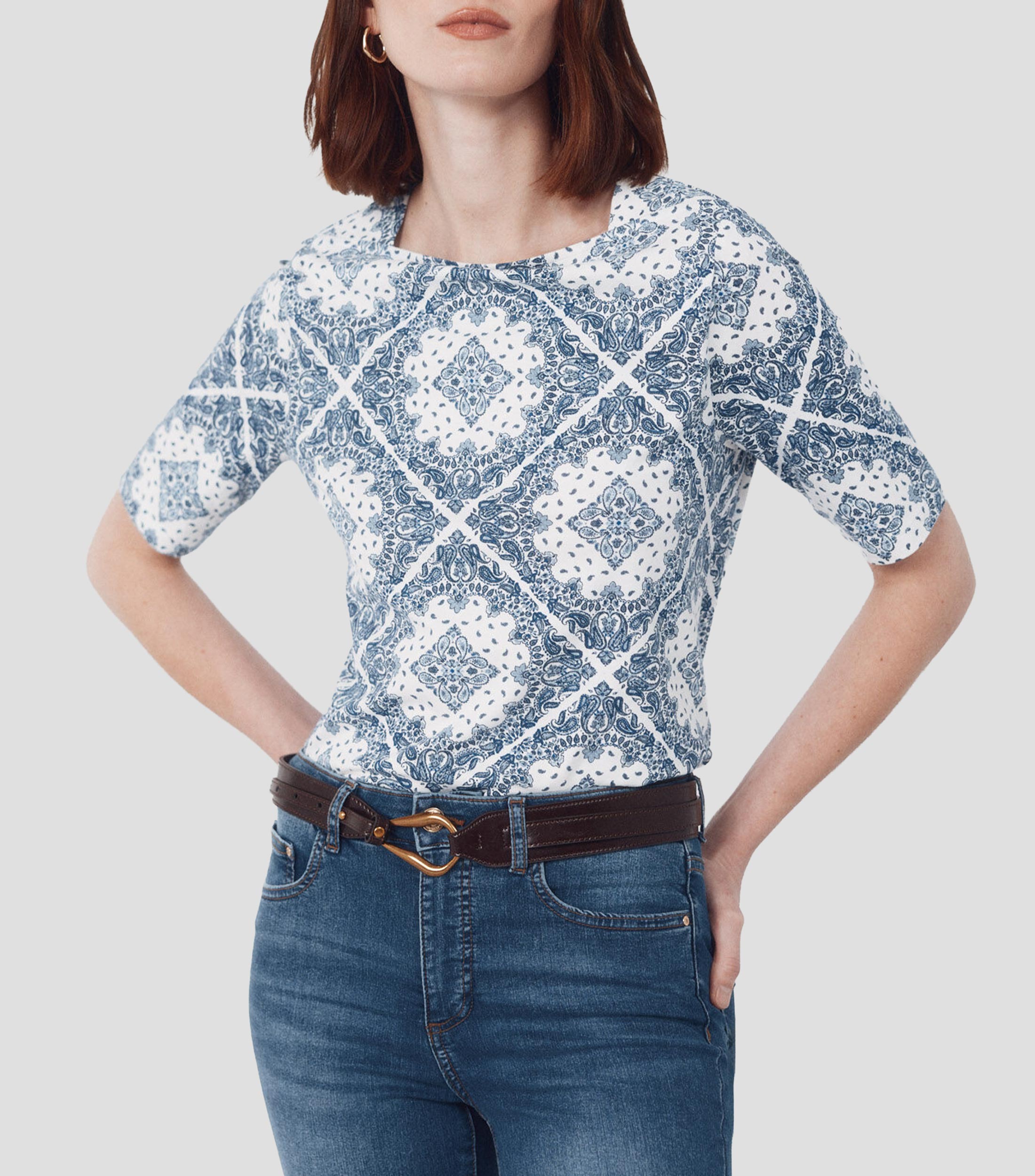 Playera cuello barco manga corta con estampado Mujer